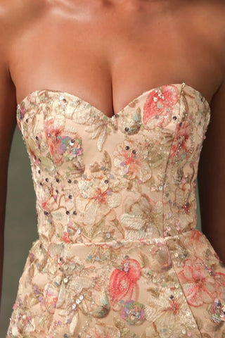 Embellished Strapless A-Line Mini Dress in Floral Beige