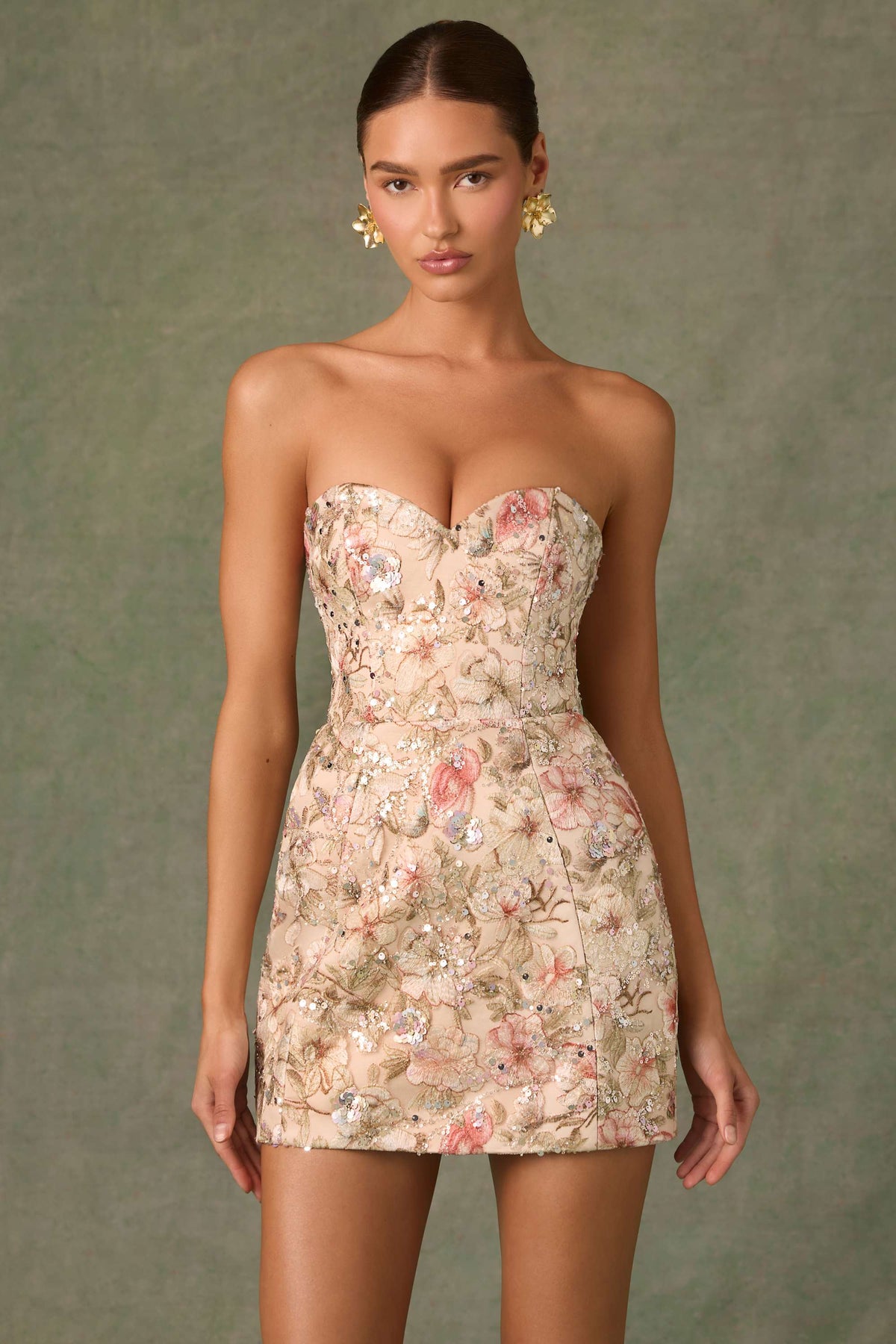 Embellished Strapless A-Line Mini Dress in Floral Beige