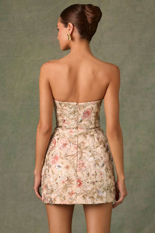 Embellished Strapless A-Line Mini Dress in Floral Beige