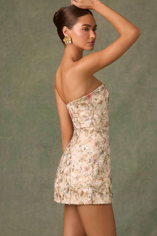 Embellished Strapless A-Line Mini Dress in Floral Beige