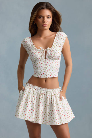 Ruched Cotton-Poplin Mini Skirt in Rose Print