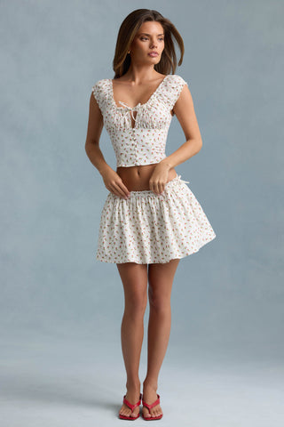 Ruched Cotton-Poplin Mini Skirt in Rose Print