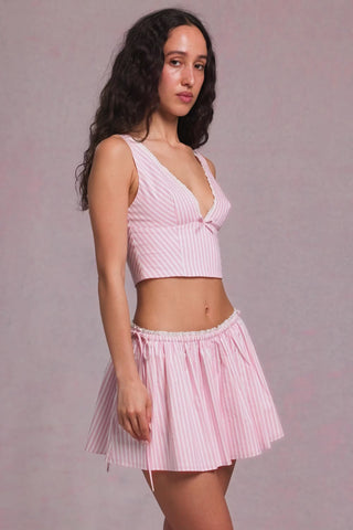 Ruched Drawstring Mini Skirt in Soft Mauve Stripe