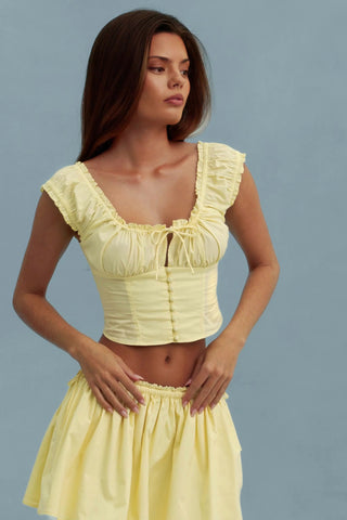 Ruched Cotton-Poplin Mini Skirt in Lemon Yellow