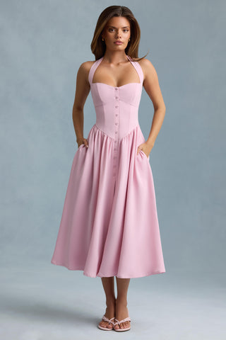Button-Detail Halterneck Midaxi Dress in Soft Pink