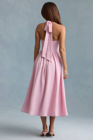 Button-Detail Halterneck Midaxi Dress in Soft Pink