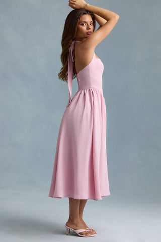 Button-Detail Halterneck Midaxi Dress in Soft Pink
