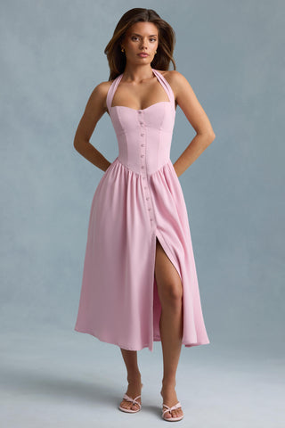 Button-Detail Halterneck Midaxi Dress in Soft Pink