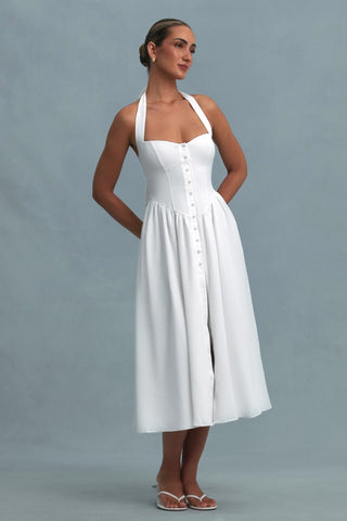 Button-Detail Halterneck Midaxi Dress in White