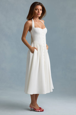 Button-Detail Halterneck Midaxi Dress in White