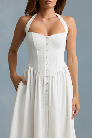 Button-Detail Halterneck Midaxi Dress in White