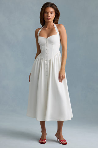 Button-Detail Halterneck Midaxi Dress in White