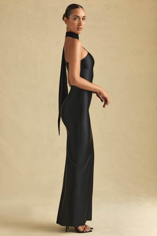 Asymmetric Scarf-Detail Maxi Dress in Black