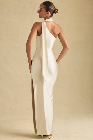 Asymmetric Scarf-Detail Maxi Dress in Ivory