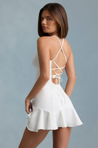Drop-Waist Lace-Up Mini Dress in White