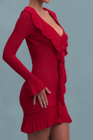 Ruffle-Trim Pointelle-Knit Mini Dress in Scarlet Red