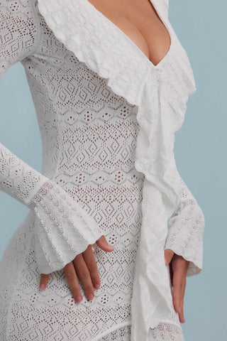 Ruffle-Trim Pointelle-Knit Mini Dress in White