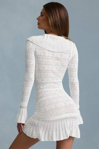 Ruffle-Trim Pointelle-Knit Mini Dress in White