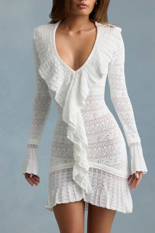 Ruffle-Trim Pointelle-Knit Mini Dress in White