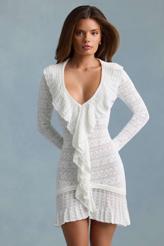 Ruffle-Trim Pointelle-Knit Mini Dress in White