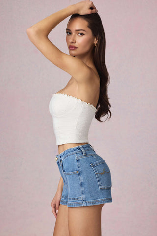 High-Waist A-Line Shorts in Mid-Blue Wash