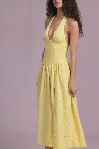Broderie Anglaise Halterneck Midaxi Dress in Lemon Yellow