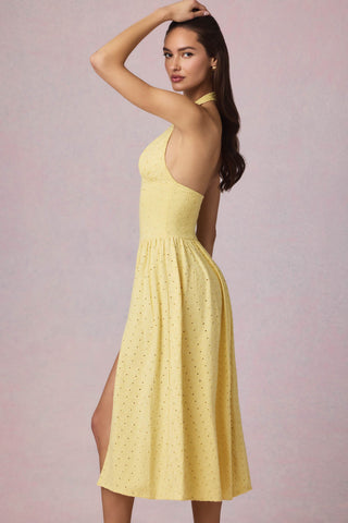 Broderie Anglaise Halterneck Midaxi Dress in Lemon Yellow