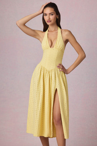 Broderie Anglaise Halterneck Midaxi Dress in Lemon Yellow