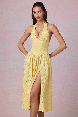 Broderie Anglaise Halterneck Midaxi Dress in Lemon Yellow