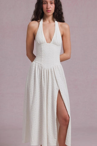Broderie Anglaise Halterneck Midaxi Dress in White