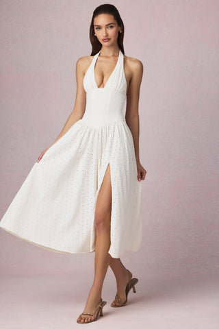 Broderie Anglaise Halterneck Midaxi Dress in White