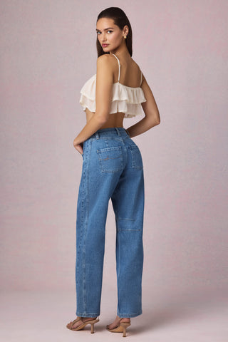 Mid-Rise Barrel-Leg Jeans in Mid-Blue Wash
