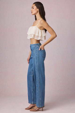 Mid-Rise Barrel-Leg Jeans in Mid-Blue Wash