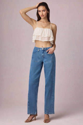 Mid-Rise Barrel-Leg Jeans in Mid-Blue Wash