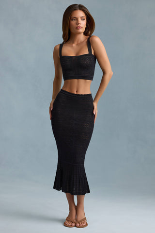 Ruffle-Trim Pointelle-Knit Midaxi Skirt in Black