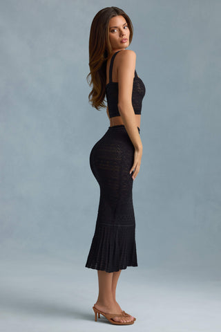 Ruffle-Trim Pointelle-Knit Midaxi Skirt in Black