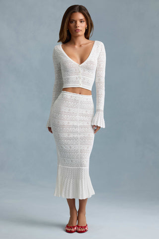 Ruffle-Trim Pointelle-Knit Midaxi Skirt in White