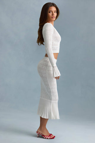 Ruffle-Trim Pointelle-Knit Midaxi Skirt in White