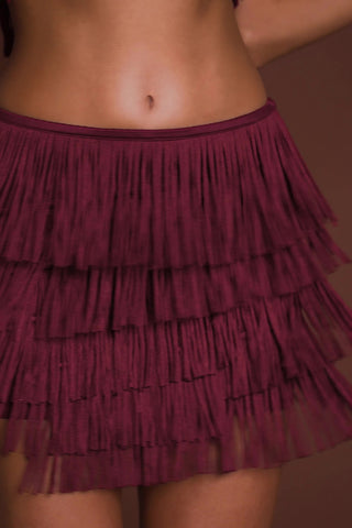 Fringed Mid-Rise Mini Skirt in Wine Red