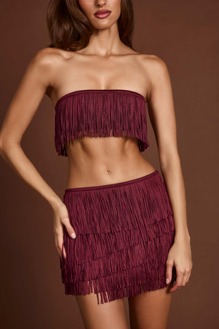 Fringed Mid-Rise Mini Skirt in Wine Red
