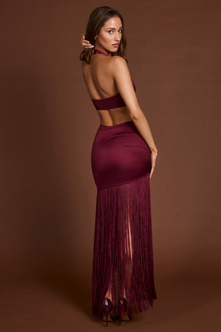 Fringed Plunge-Neck Maxi Dress in Wine Red