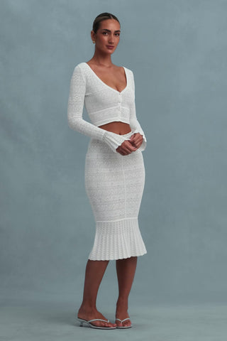 Ruffle-Trim Pointelle-Knit Cropped Cardigan in White