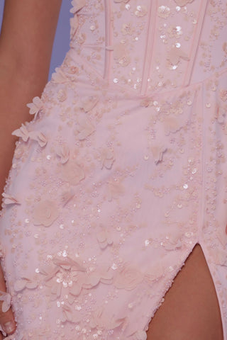 Lace-Up Corset Midaxi Dress with Split in Soft Pink