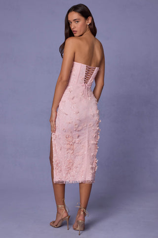 Lace-Up Corset Midaxi Dress with Split in Soft Pink