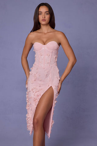 Lace-Up Corset Midaxi Dress with Split in Soft Pink