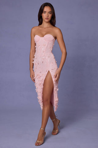 Lace-Up Corset Midaxi Dress with Split in Soft Pink