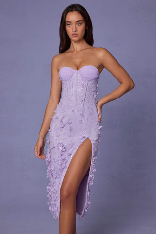 Lace-Up Corset Midaxi Dress with Split in Lilac