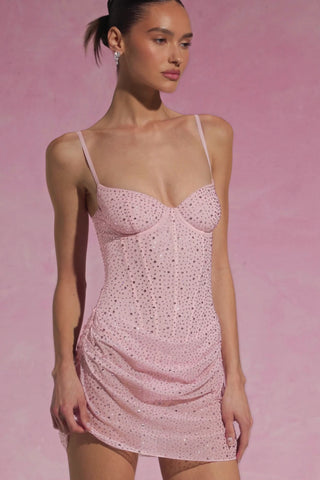 Semi-Sheer Embellished Draped Corset Mini Dress in Pink