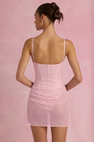 Semi-Sheer Embellished Draped Corset Mini Dress in Pink