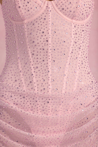 Semi-Sheer Embellished Draped Corset Mini Dress in Pink